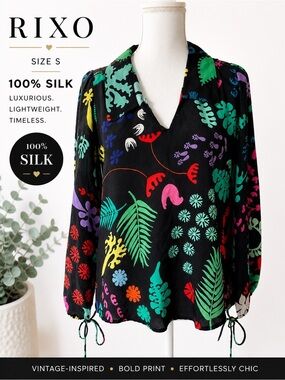 RIXO 100% silk  Floral Blouse Black
Multicolor Statement Top Boho Luxe Size S
